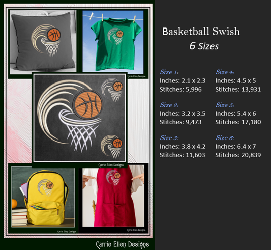 Basketball Machine Embroidery Design, Ball and Hoop Design, Nothing but Net Embroidery, Sport Embroidery Design, 6 Sizes (0104)