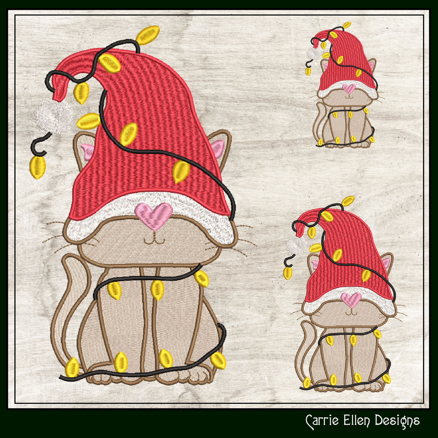 Gnome Christmas Cat Machine Embroidery Design – Holiday Cat Tangled in Christmas Lights – Cute Festive Embroidery – 6 Sizes (0225)