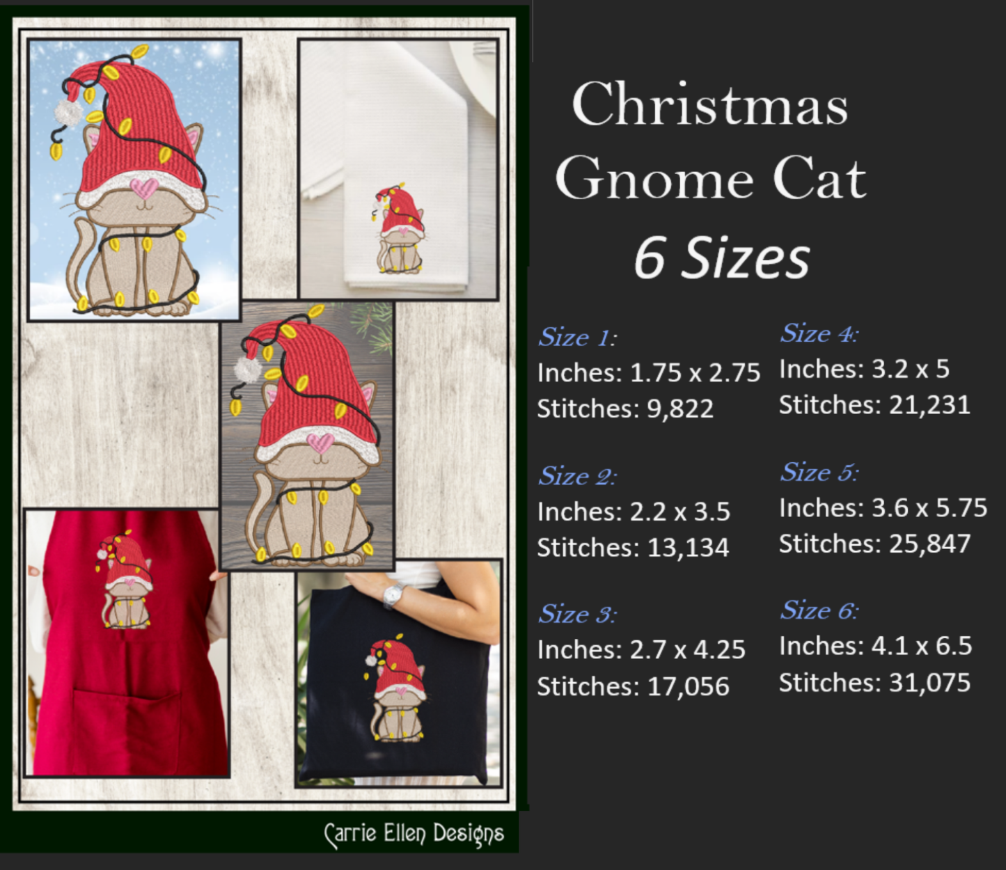 Gnome Christmas Cat Machine Embroidery Design – Holiday Cat Tangled in Christmas Lights – Cute Festive Embroidery – 6 Sizes (0225)