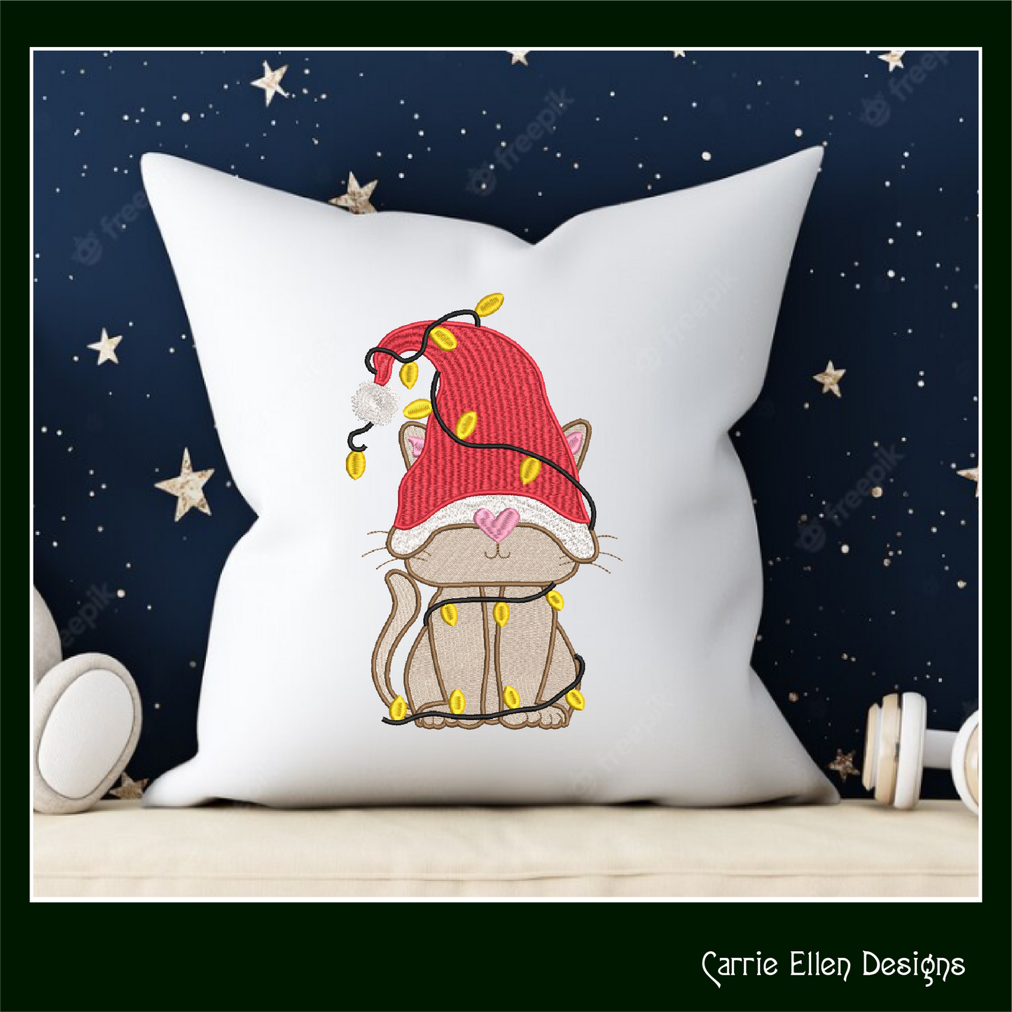 Gnome Christmas Cat Machine Embroidery Design – Holiday Cat Tangled in Christmas Lights – Cute Festive Embroidery – 6 Sizes (0225)