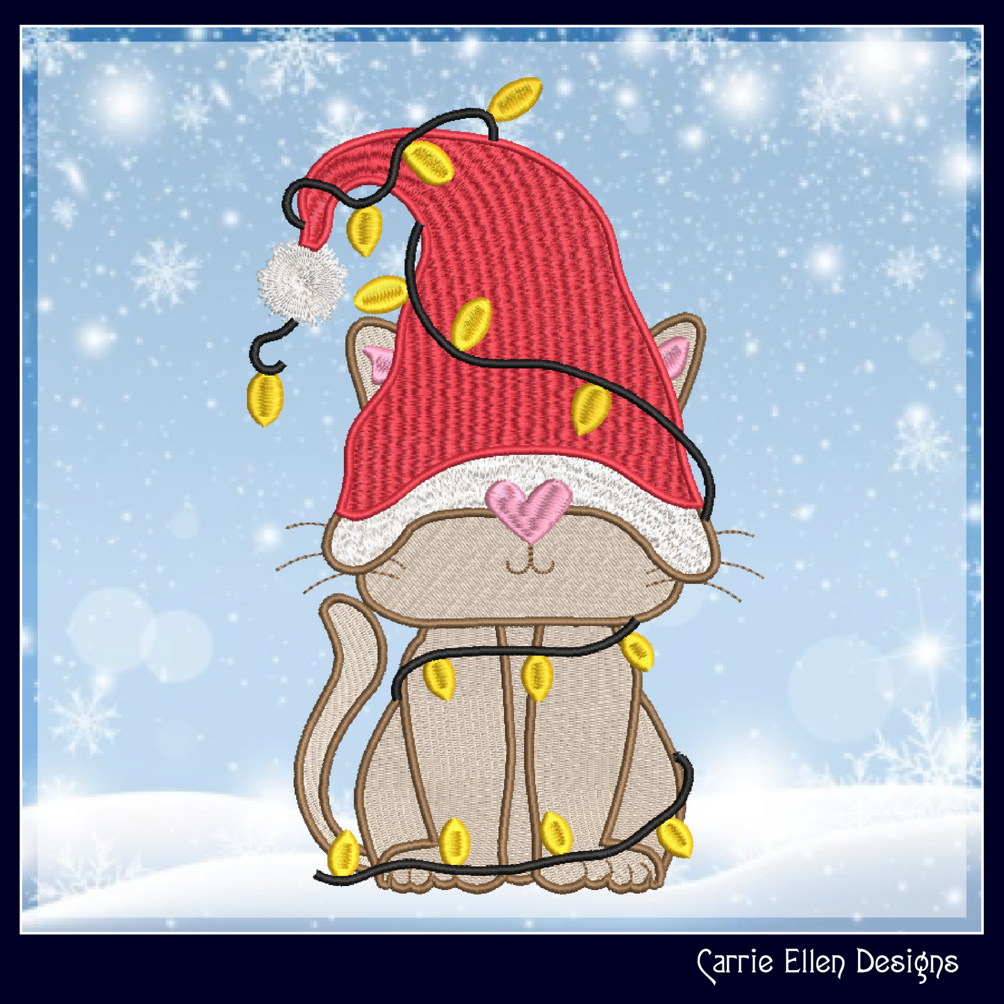 Gnome Christmas Cat Machine Embroidery Design – Holiday Cat Tangled in Christmas Lights – Cute Festive Embroidery – 6 Sizes (0225)