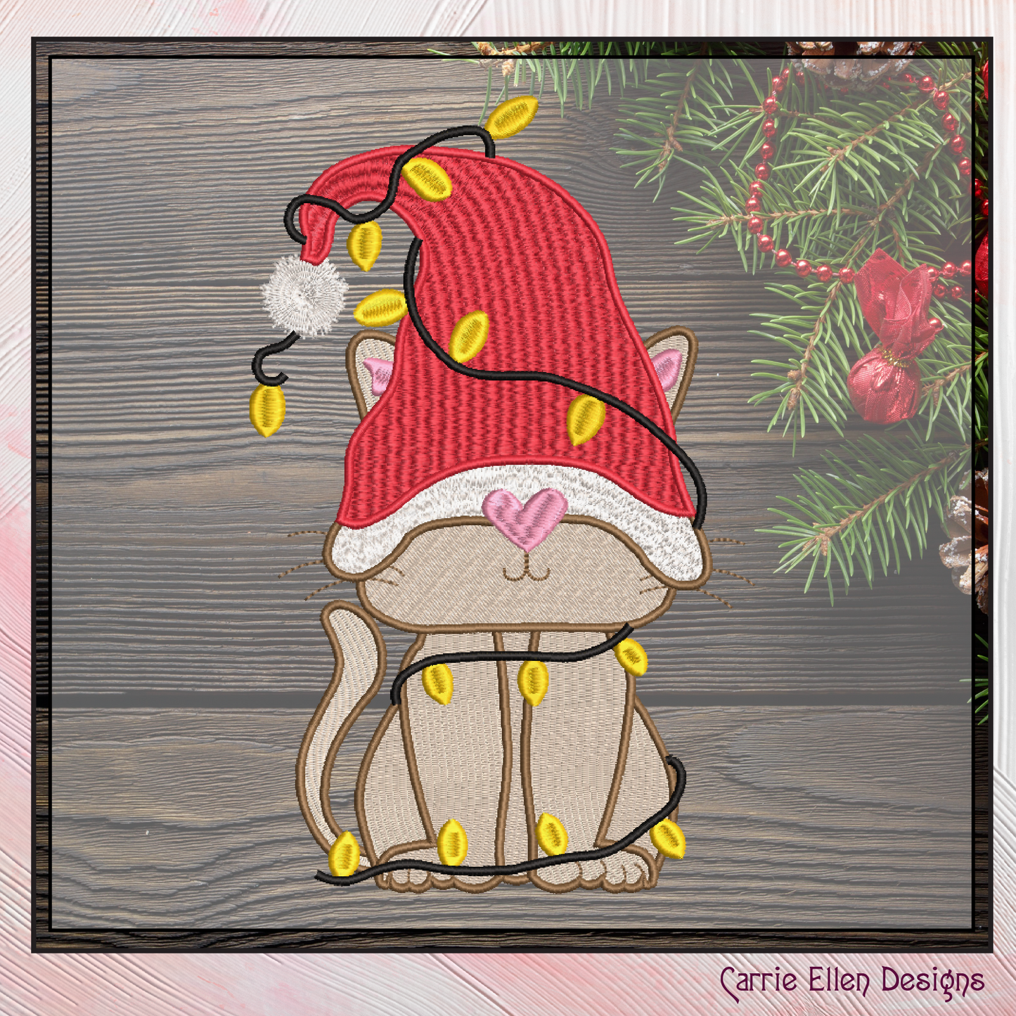 Gnome Christmas Cat Machine Embroidery Design – Holiday Cat Tangled in Christmas Lights – Cute Festive Embroidery – 6 Sizes (0225)