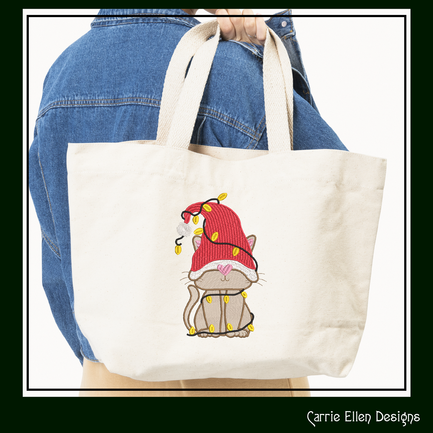 Gnome Christmas Cat Machine Embroidery Design – Holiday Cat Tangled in Christmas Lights – Cute Festive Embroidery – 6 Sizes (0225)