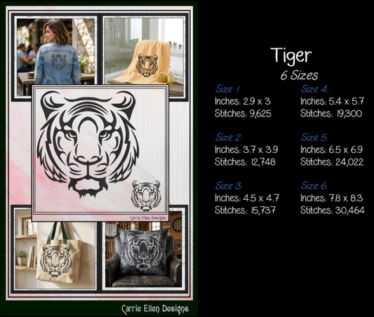 Tiger Machine Embroidery Design, Animal Embroidery, Jungle Wild Cat Embroidery, 6 Sizes (0319)