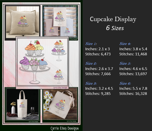 Cupcake Display Machine Embroidery Design – Cakes, Desserts & Sweet Kitchen Embroidery, 6 Sizes (0464)