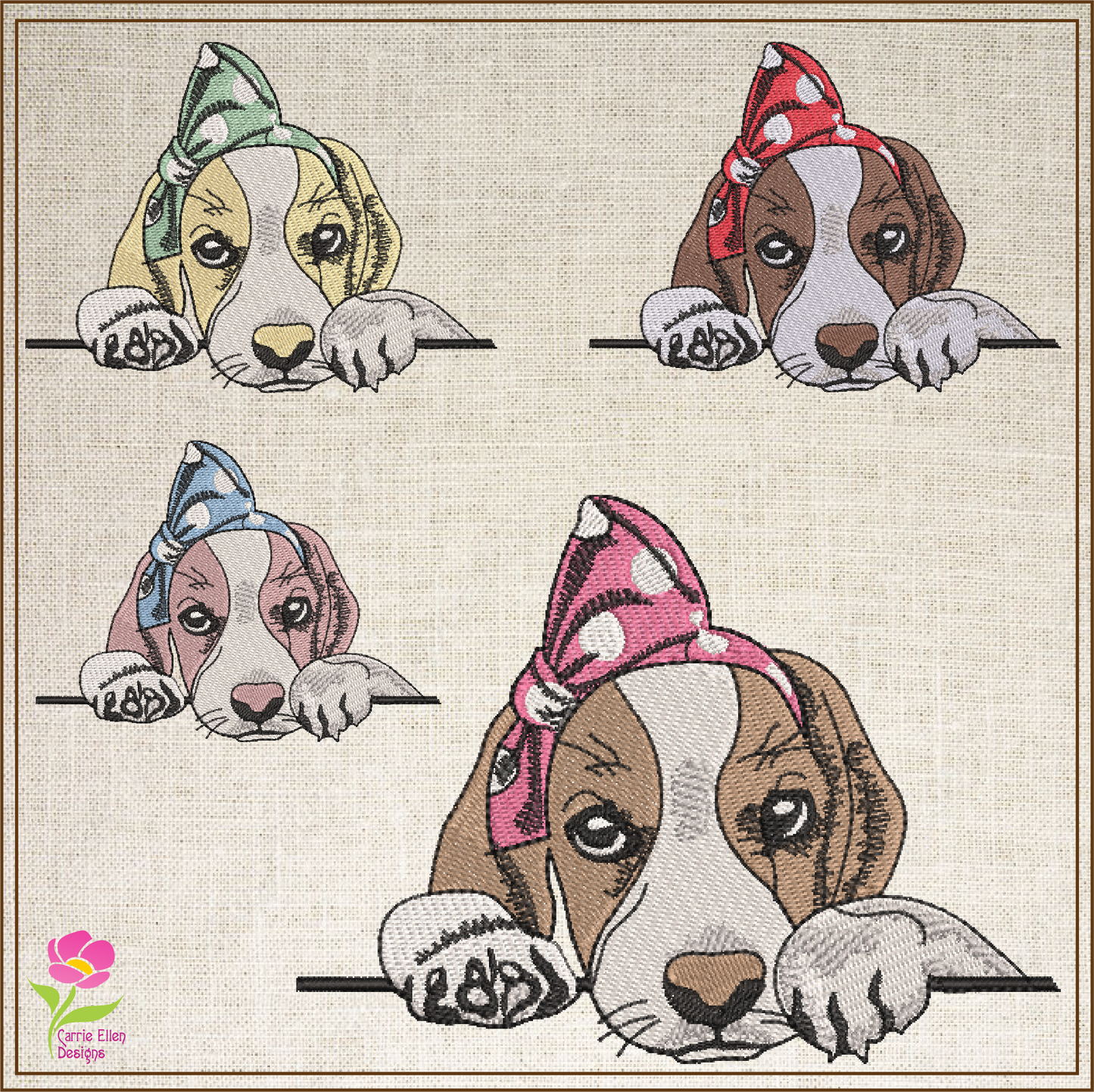 Puppy Machine Embroidery Design | Adorable Pet Dog with Bow Embroidery Pattern | Beagle Puppy Stitch File | 6 Sizes (0519)