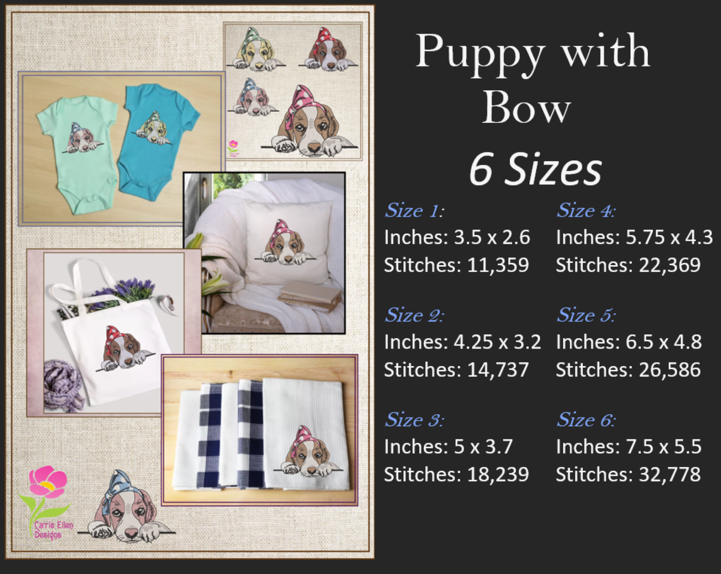 Puppy Machine Embroidery Design | Adorable Pet Dog with Bow Embroidery Pattern | Beagle Puppy Stitch File | 6 Sizes (0519)