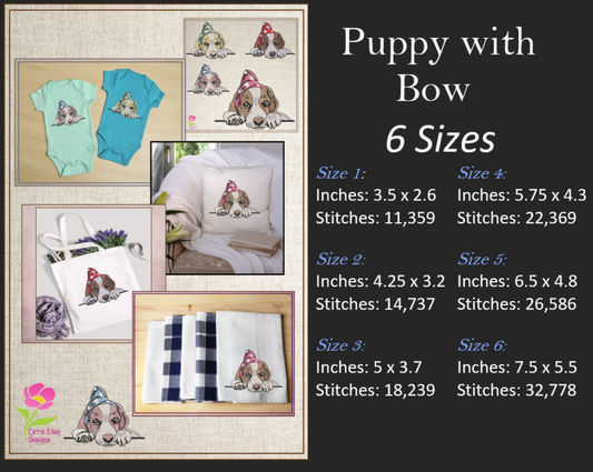 Puppy Machine Embroidery Design | Adorable Pet Dog with Bow Embroidery Pattern | Beagle Puppy Stitch File | 6 Sizes (0519)