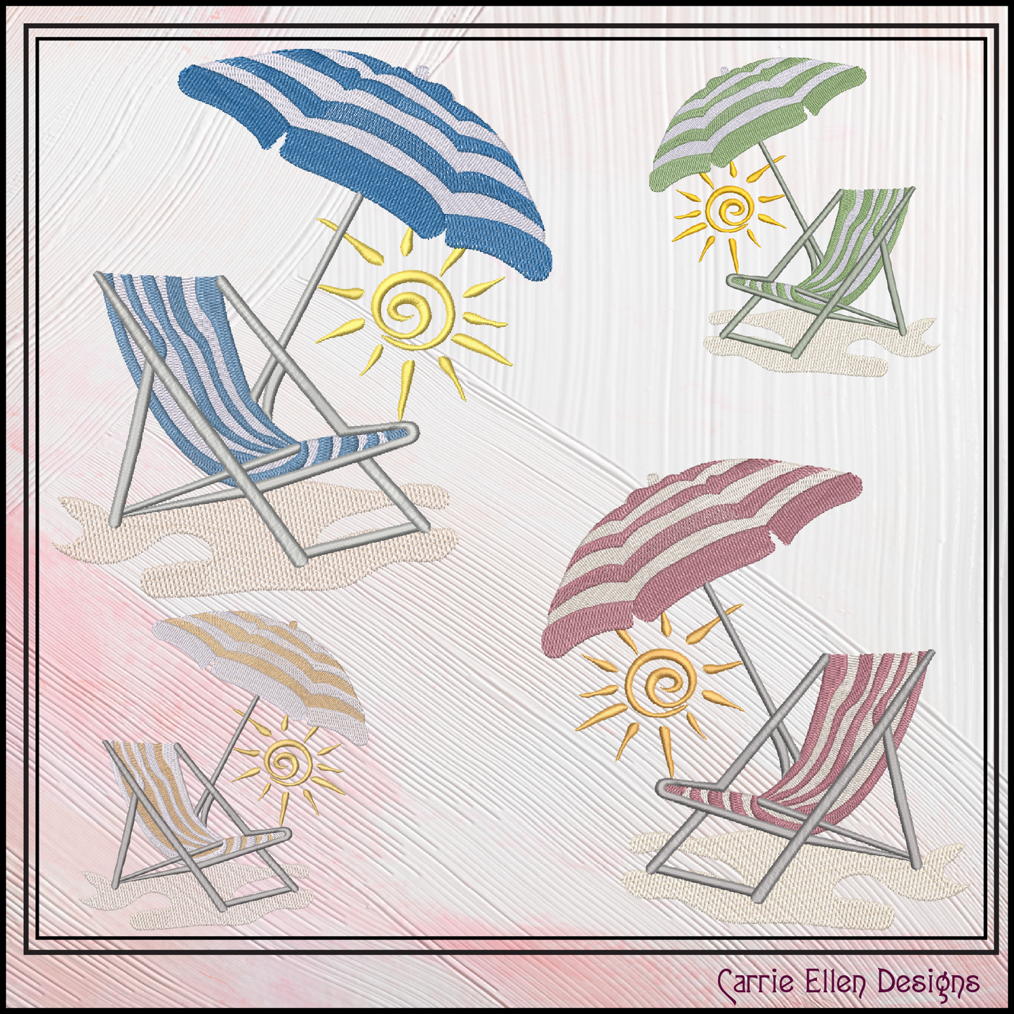 Beach Chair and Umbrella Machine Embroidery Design – Summer Vacation Beach Scene Pattern, 6 Sizes, 6 Sizes (0530)