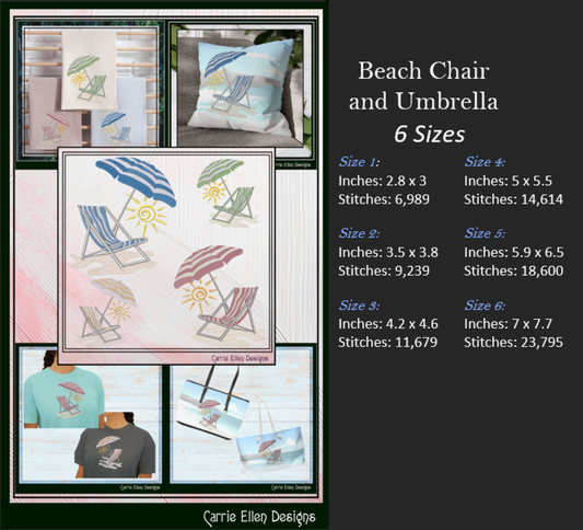Beach Chair and Umbrella Machine Embroidery Design – Summer Vacation Beach Scene Pattern, 6 Sizes, 6 Sizes (0530)