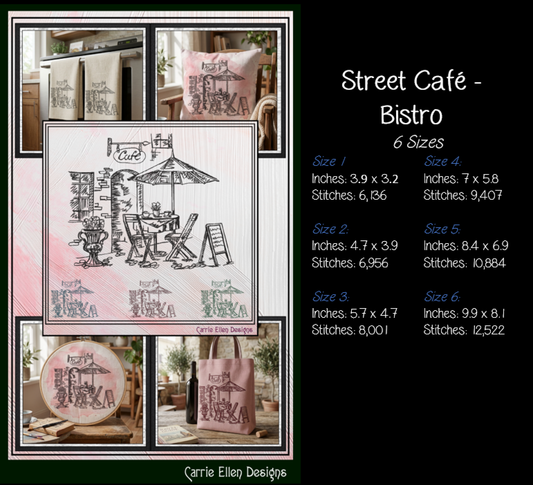 Street Café Scene Machine Embroidery Design – French Bistro Line Art City Restaurant Pattern, 6 Sizes (0550)
