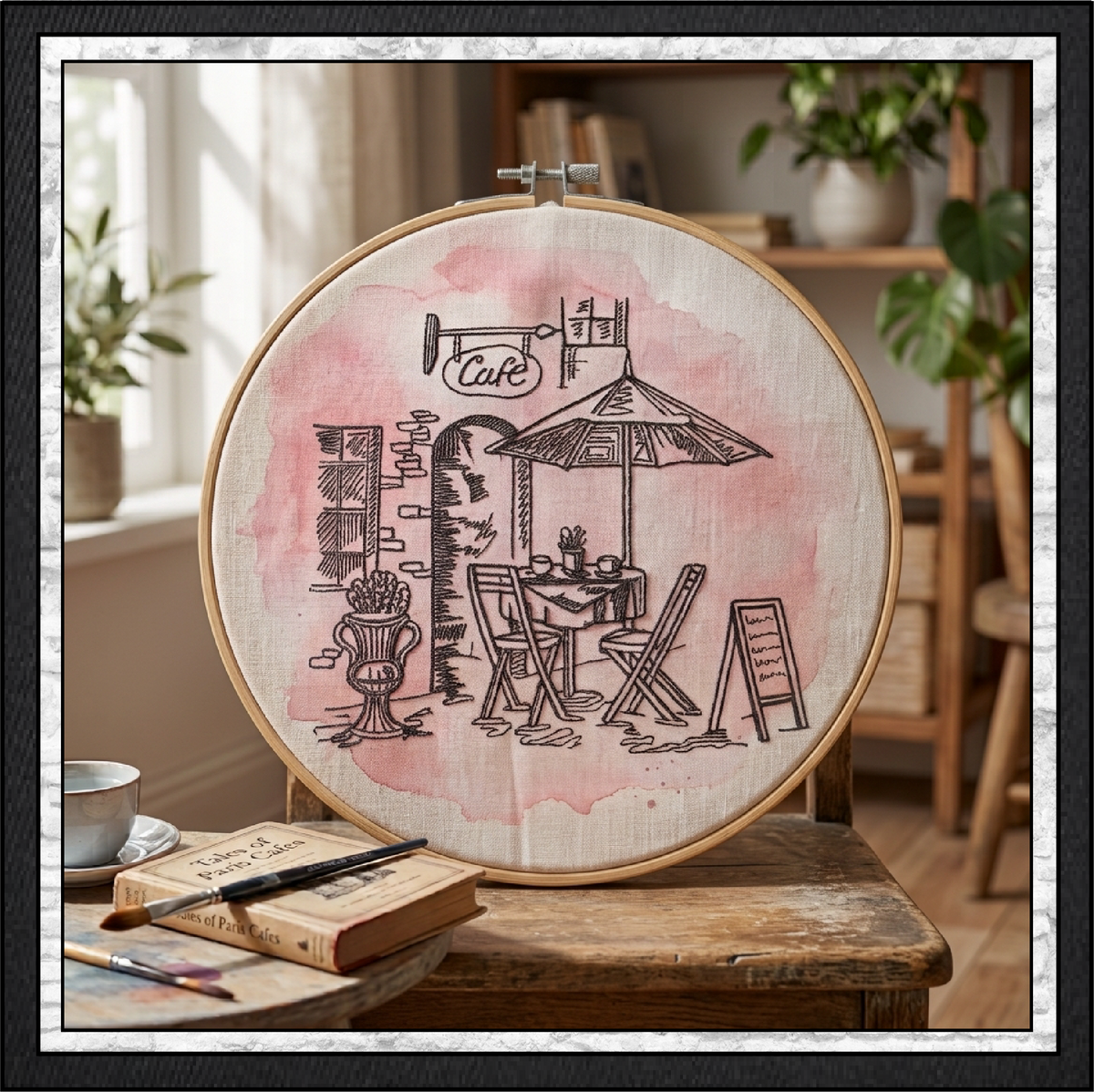Street Café Scene Machine Embroidery Design – French Bistro Line Art City Restaurant Pattern, 6 Sizes (0550)