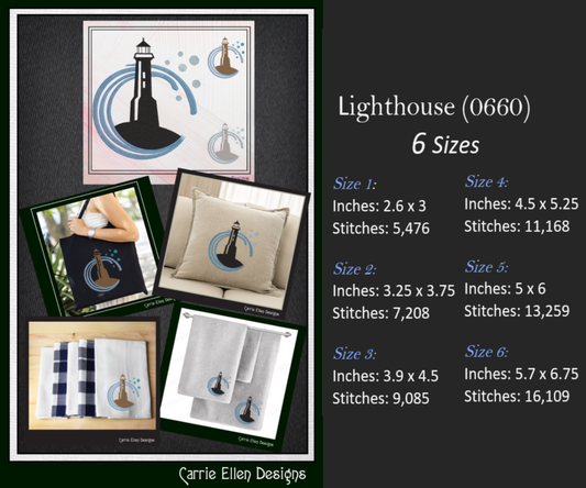 Lighthouse Machine Embroidery Design - Coastal Island Light House - Seaside Landscape Embroidery File, 6 Sizes (0660)