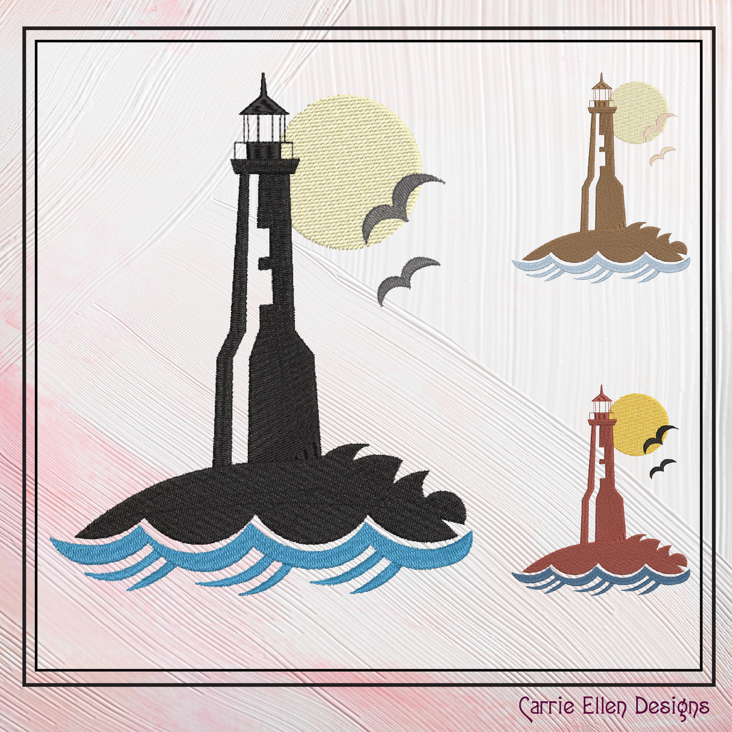 Lighthouse Machine Embroidery Design – Coastal Island Lighthouse – Seaside Landscape Embroidery File, 6 Sizes (0663)