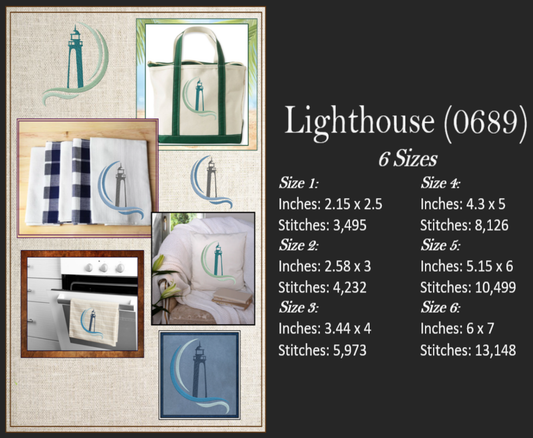 Lighthouse Machine Embroidery Design | Coastal Lighthouse Island Seaside Landscape | Nautical Embroidery | 6 Sizes (0689)