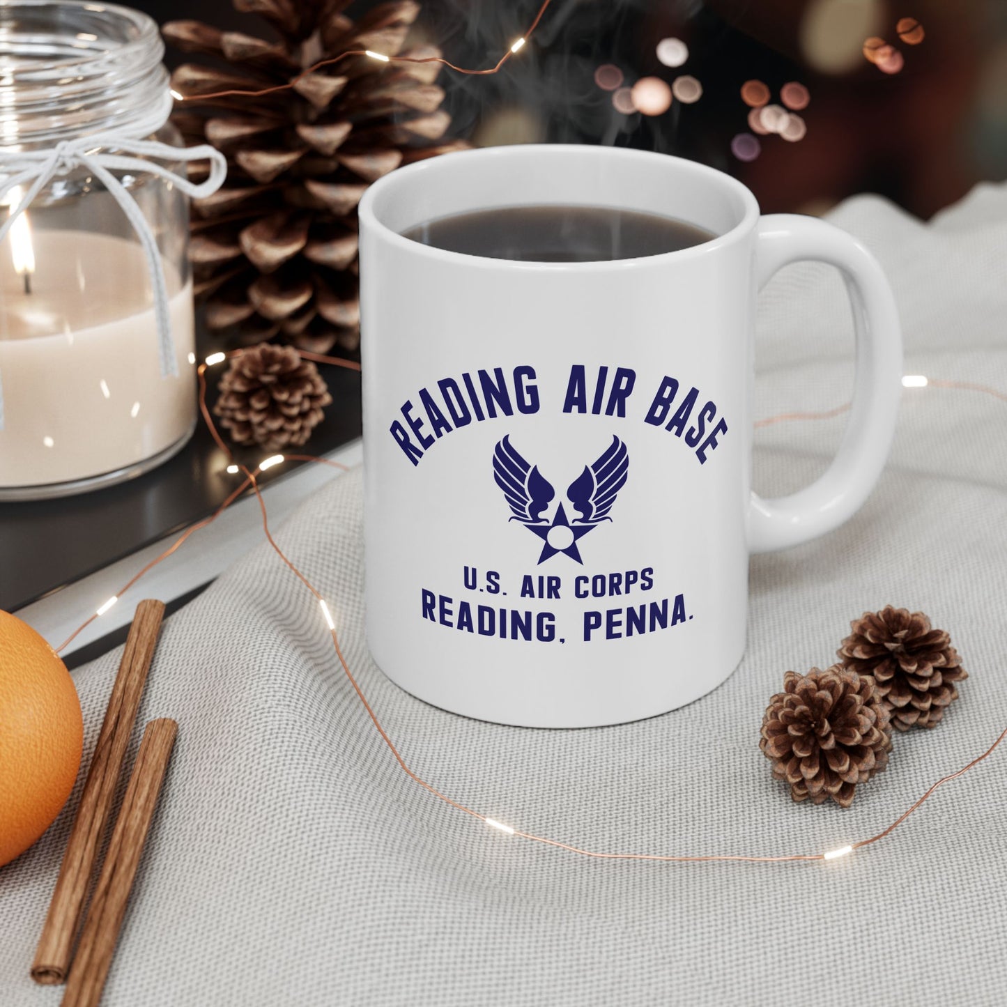 Reading Air Base Ceramic Mug, Vintage WWII Military Camp Design – 11oz & 15oz Sizes (P-6038)