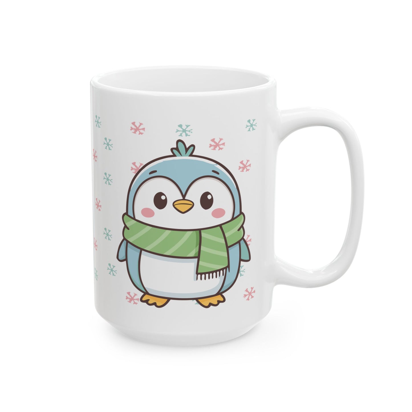 Blue Penguin with Colorful Snowflakes Ceramic Mug | Cute Winter Coffee Cup | Holiday Penguin Gift | 11oz & 15oz