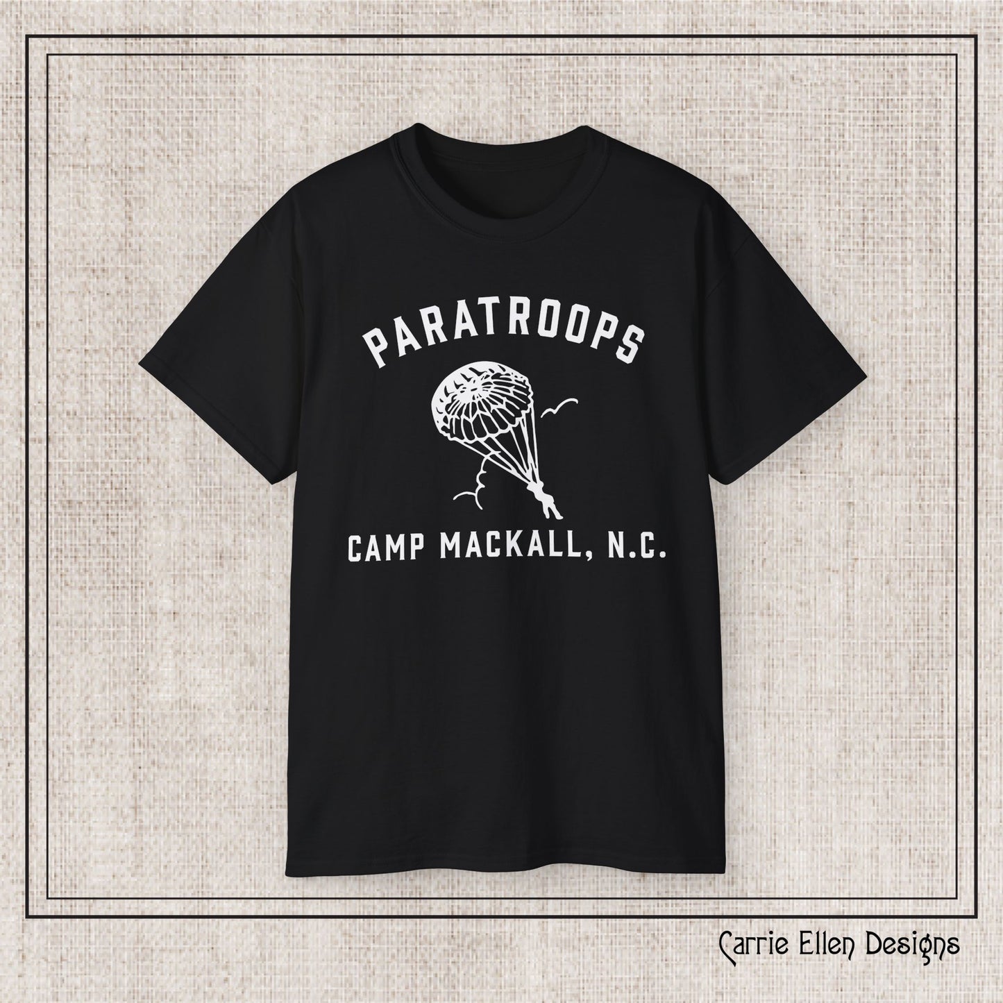 Camp Mackall Paratroops Short Sleeve T-Shirt – Vintage WWII Military Camp Design – Heavyweight 100% Cotton Tee (P-6032)
