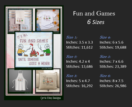 Fun Camping Machine Embroidery Design | It's All Fun and Games Saying | Campfire, Hotdogs, Wieners | Humorous Quotes | 6 Sizes (1252)