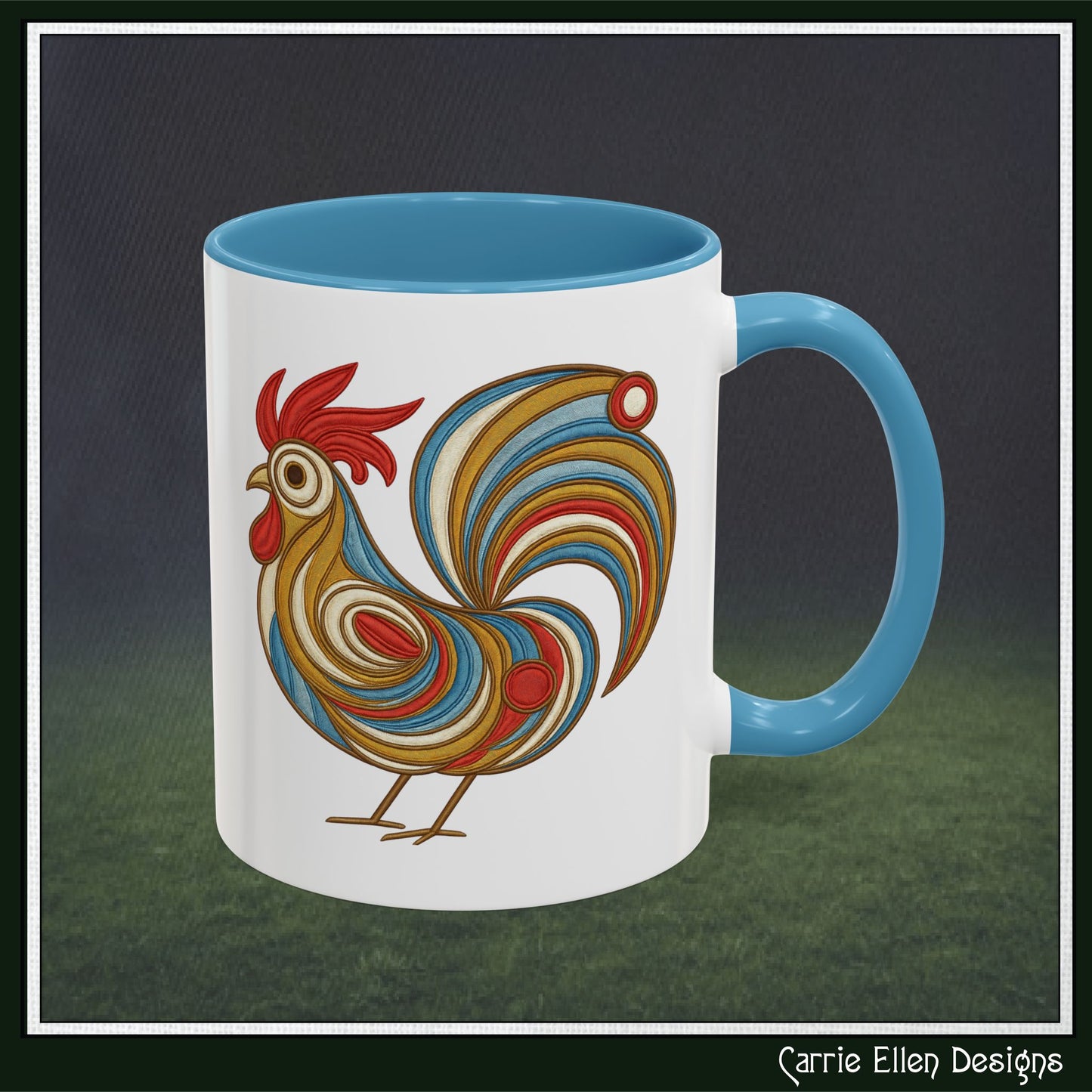 Colorful Rooster Accent Coffee Mug – Abstract Farmhouse Animal Embroidery Styled Print | 11oz & 15oz Ceramic (P-6081)