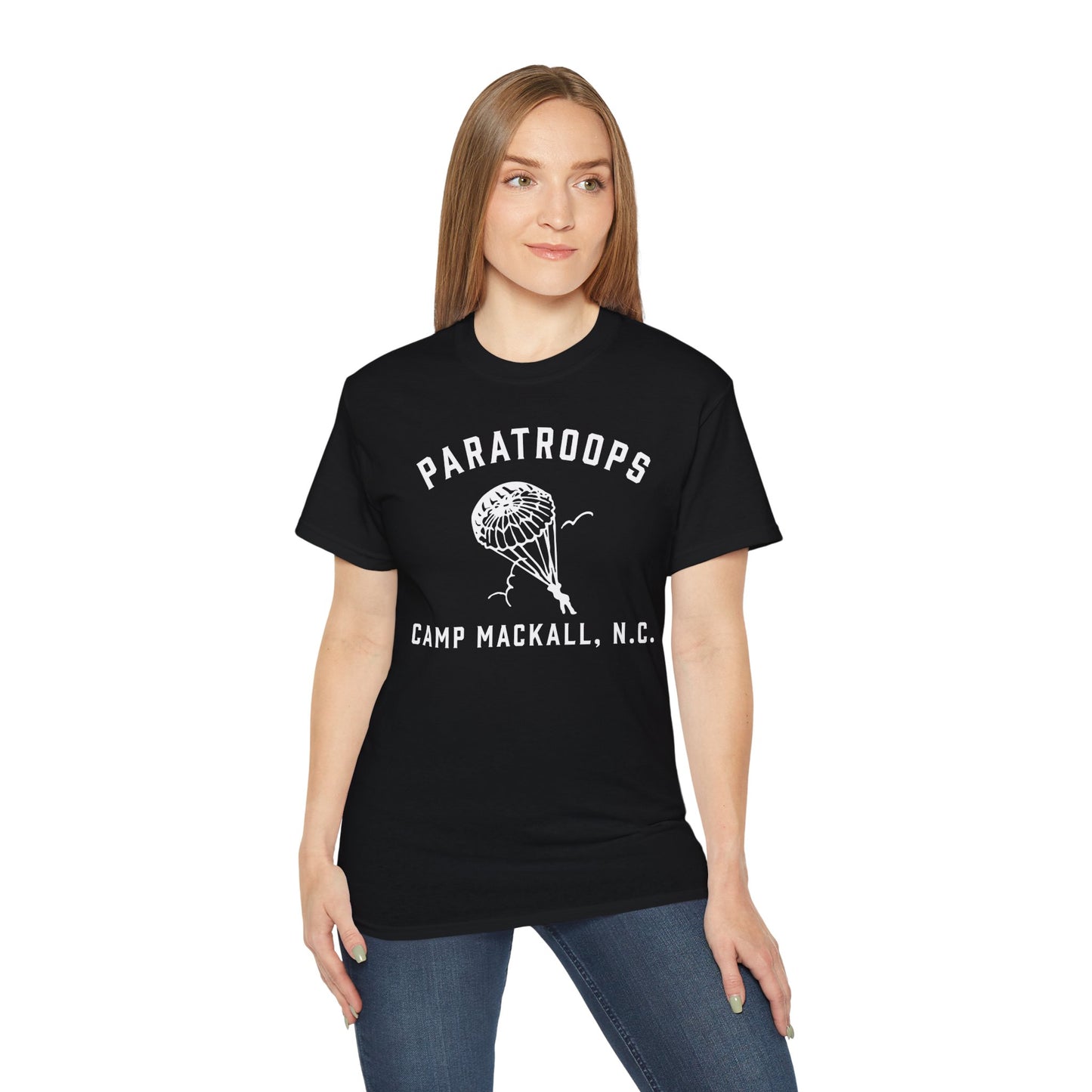 Camp Mackall Paratroops Short Sleeve T-Shirt – Vintage WWII Military Camp Design – Heavyweight 100% Cotton Tee (P-6032)