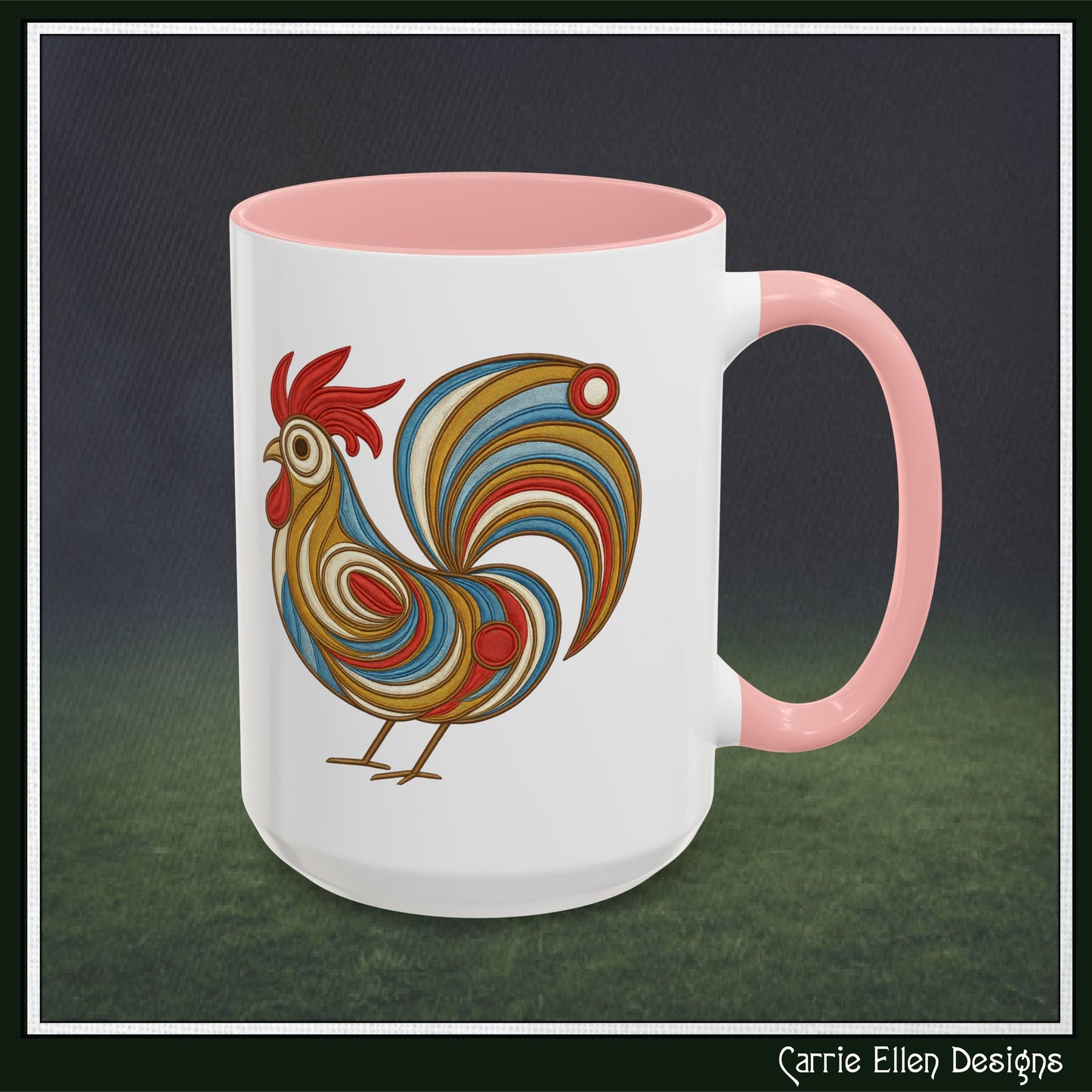 Colorful Rooster Accent Coffee Mug – Abstract Farmhouse Animal Embroidery Styled Print | 11oz & 15oz Ceramic (P-6081)