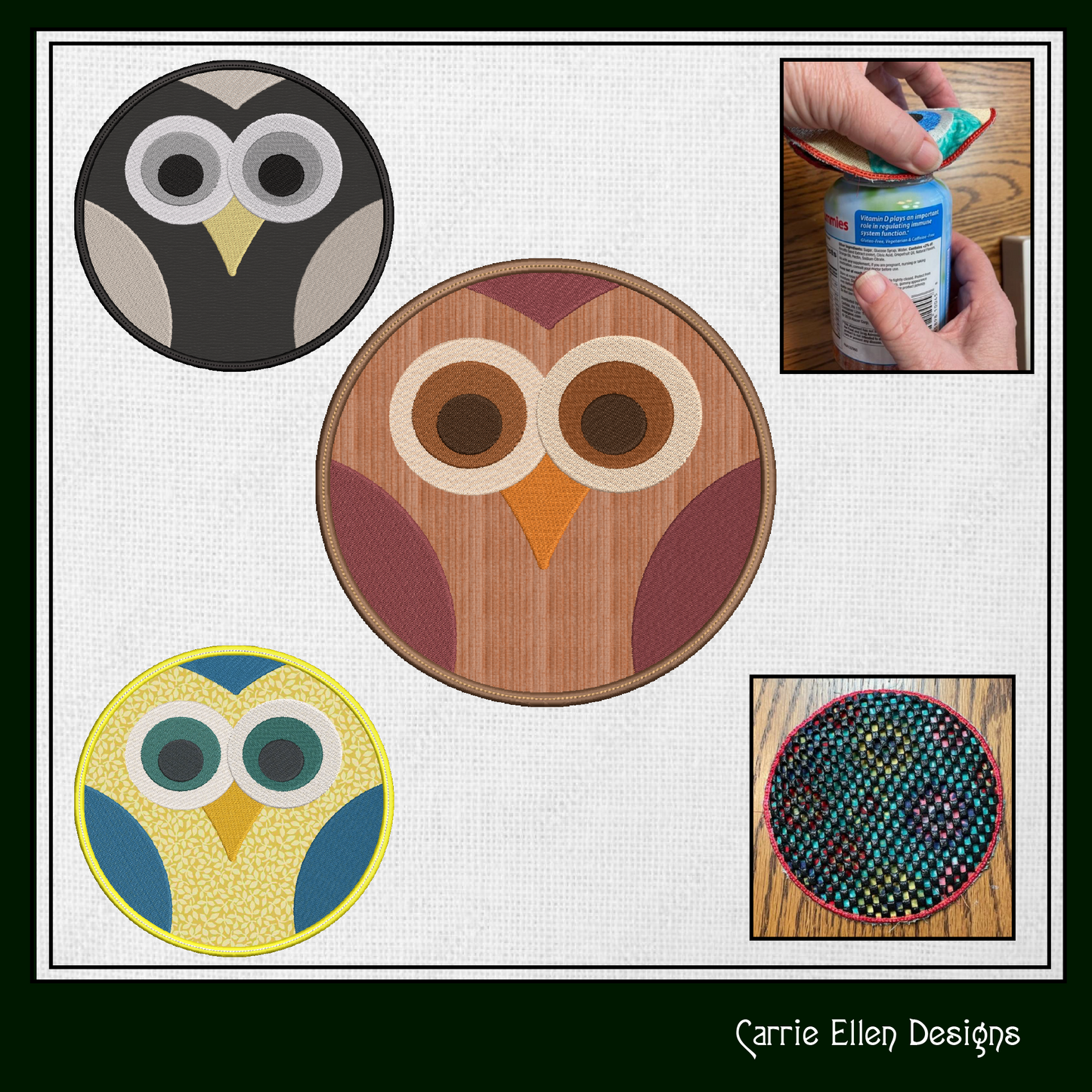 Owl ITH Jar Opener Machine Embroidery Design, Lid Gripper, Owl Jar Gripper, In The Hoop Embroidery Projects (1433)