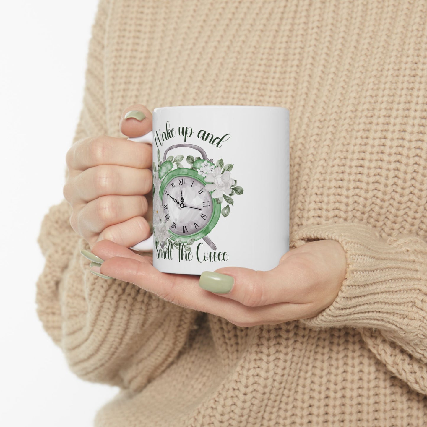 Wake Up and Smell The Coffee Floral Inspiration Ceramic Coffee Mug – 11oz & 15oz – Perfect Gift for Coffee Lovers (P-6003)