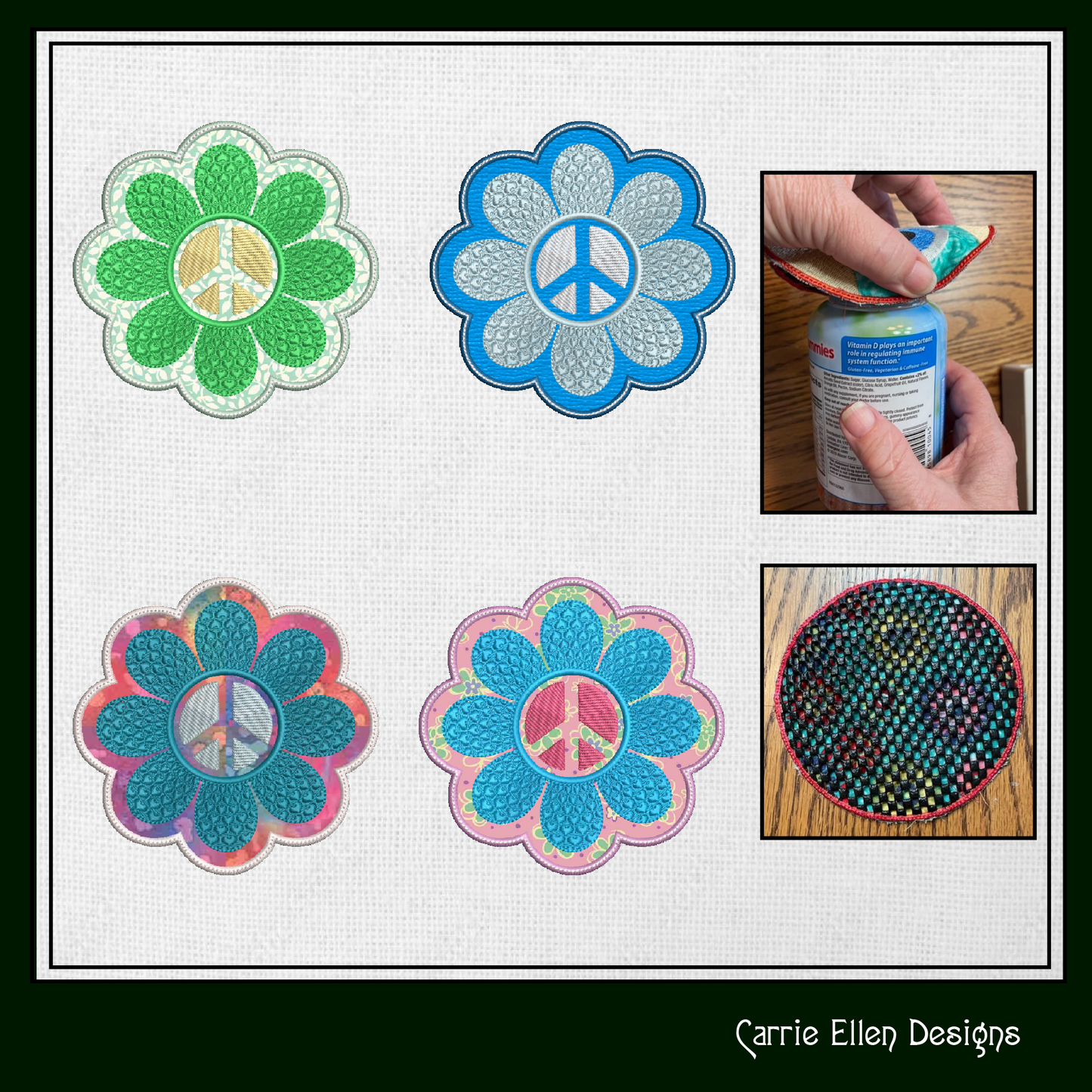 Flower Power ITH Jar Opener Machine Embroidery Design, Boho Hipster Jar Gripper, In The Hoop Embroidery Projects (1458)