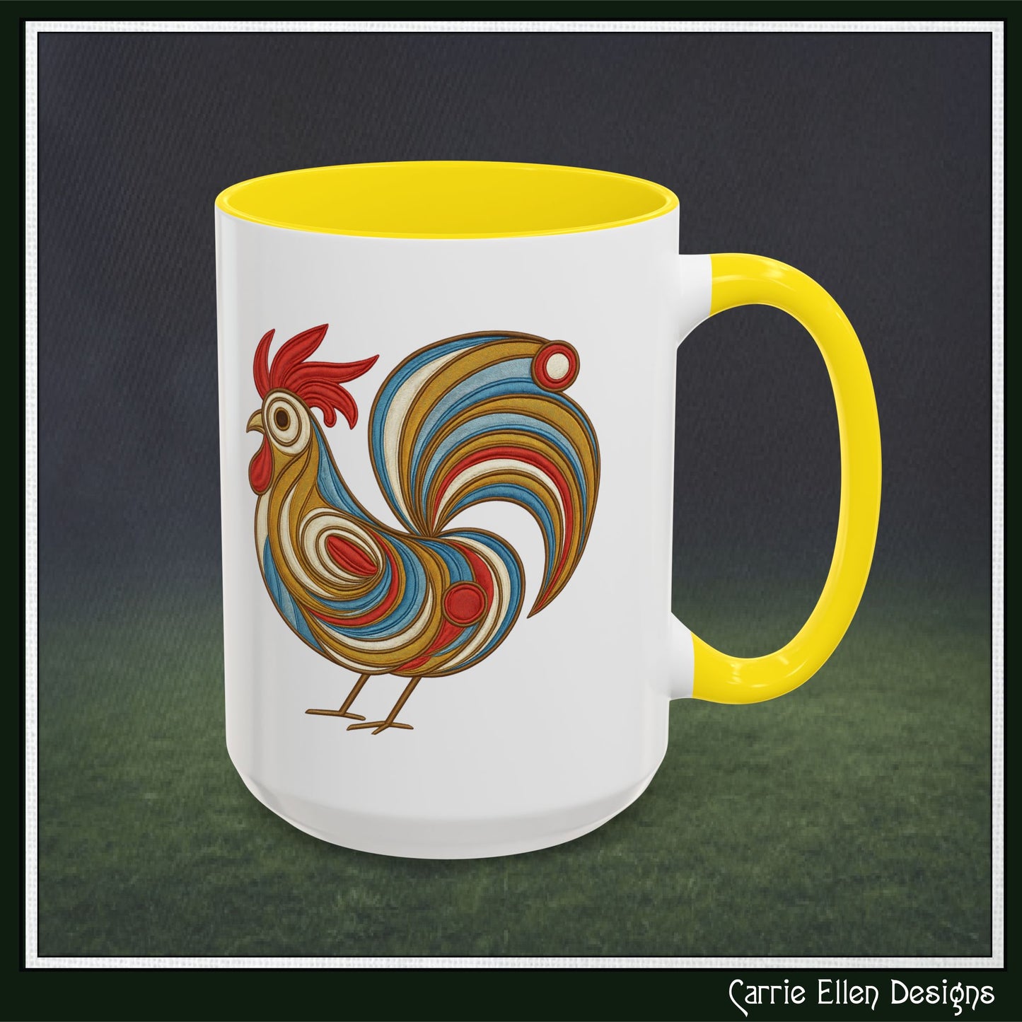 Colorful Rooster Accent Coffee Mug – Abstract Farmhouse Animal Embroidery Styled Print | 11oz & 15oz Ceramic (P-6081)