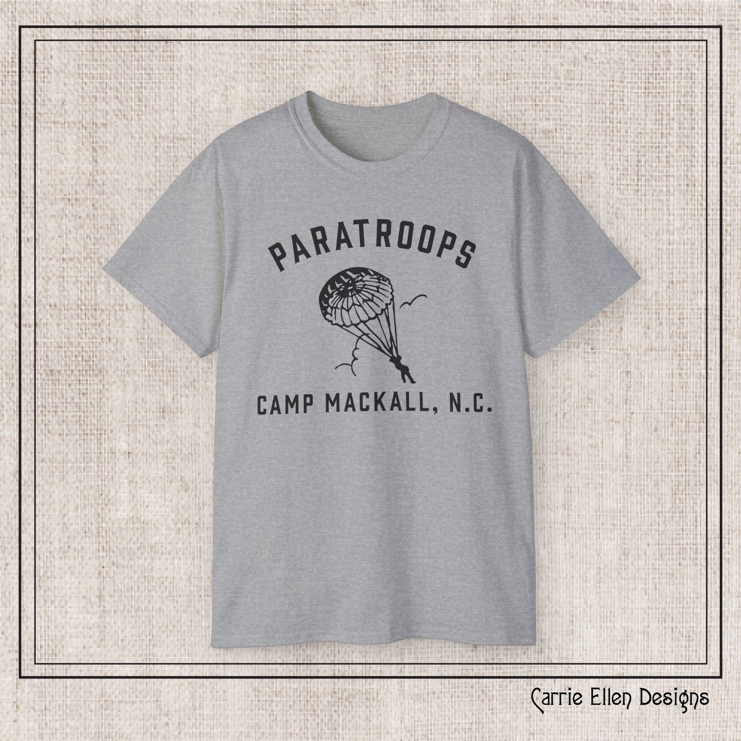 Camp Mackall Paratroops Short Sleeve T-Shirt – Vintage WWII Military Camp Design – Heavyweight 100% Cotton Tee (P-6032)