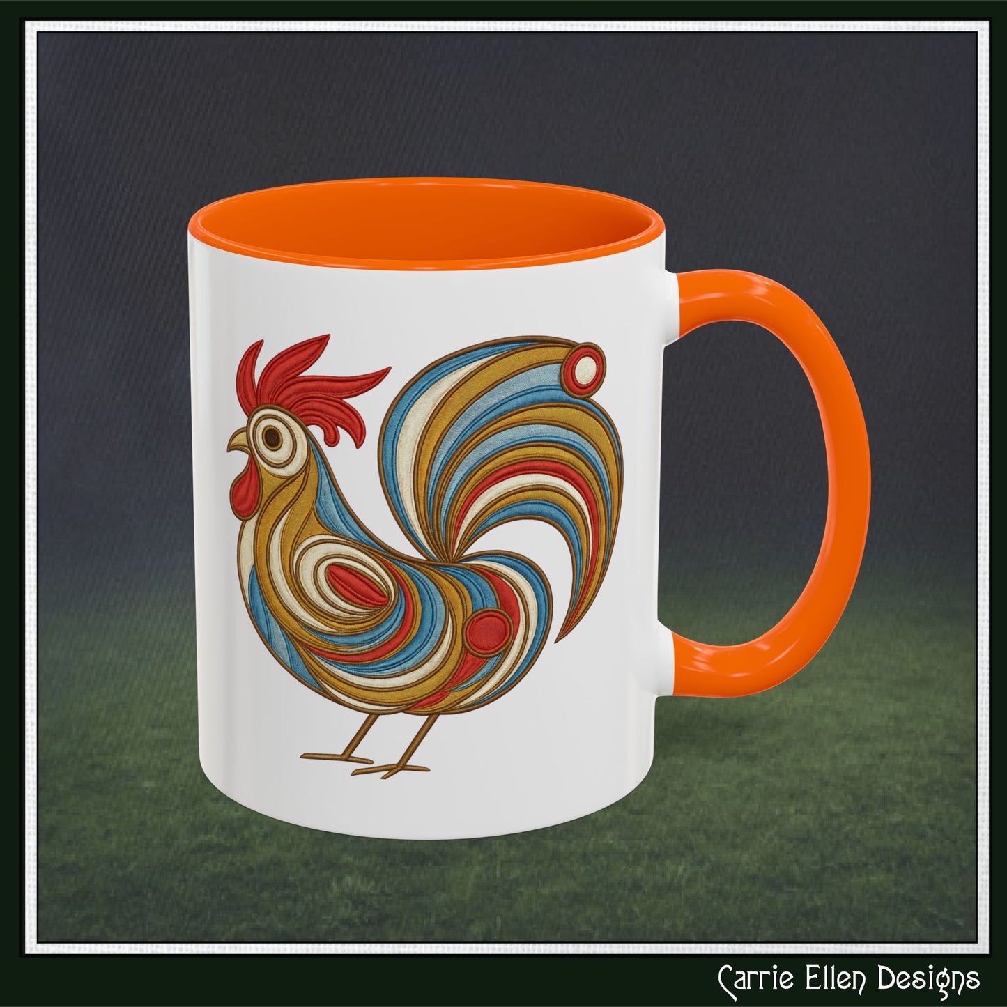 Colorful Rooster Accent Coffee Mug – Abstract Farmhouse Animal Embroidery Styled Print | 11oz & 15oz Ceramic (P-6081)
