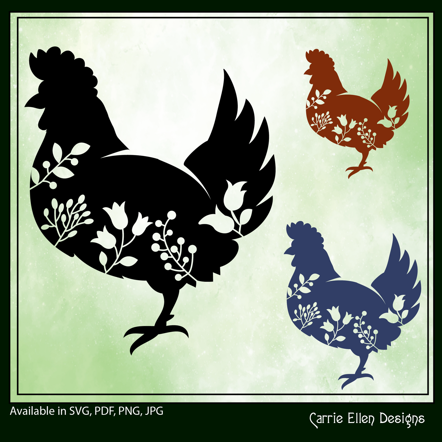 Floral Chicken Vector Clipart, Bird Silhouette with Flowers, Wildflower Farm Animal Silhouette, (1624)
