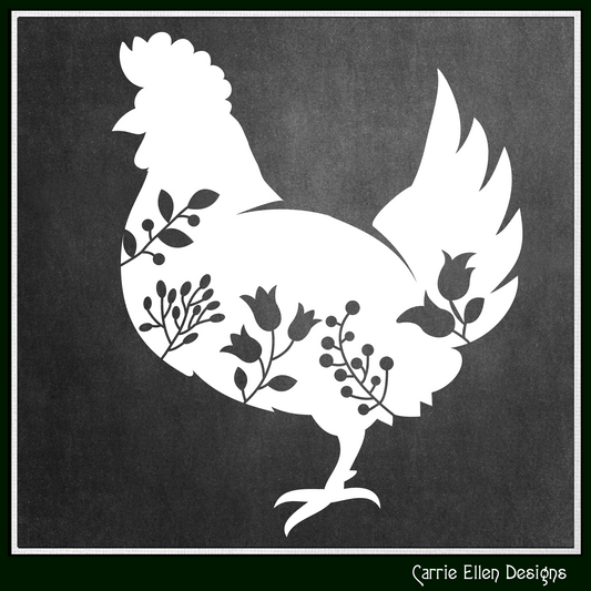 Floral Chicken Vector Clipart, Bird Silhouette with Flowers, Wildflower Farm Animal Silhouette, (1624)
