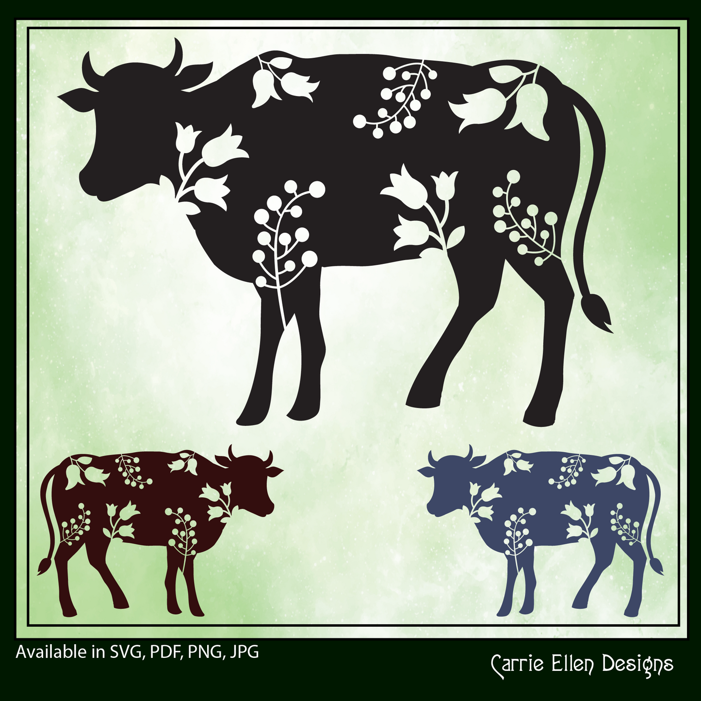 Floral Cow Vector Clipart, Bovine Silhouette with Flowers, Wildflower Farm Animal Silhouette, (1626)