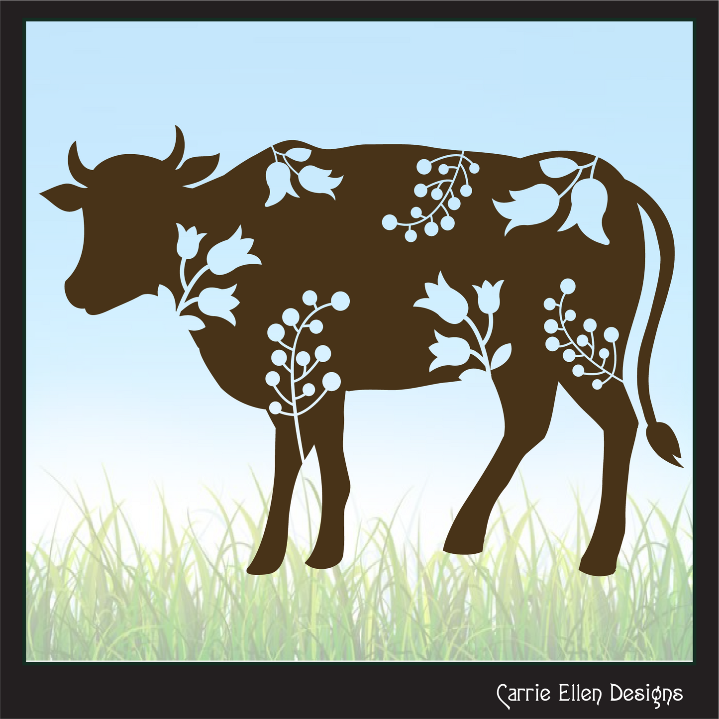 Floral Cow Vector Clipart, Bovine Silhouette with Flowers, Wildflower Farm Animal Silhouette, (1626)
