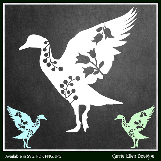 Flying Floral Goose Vector Clipart, Bird Silhouette with Flowers, Wildflower Farm Animal Silhouette, (1635)