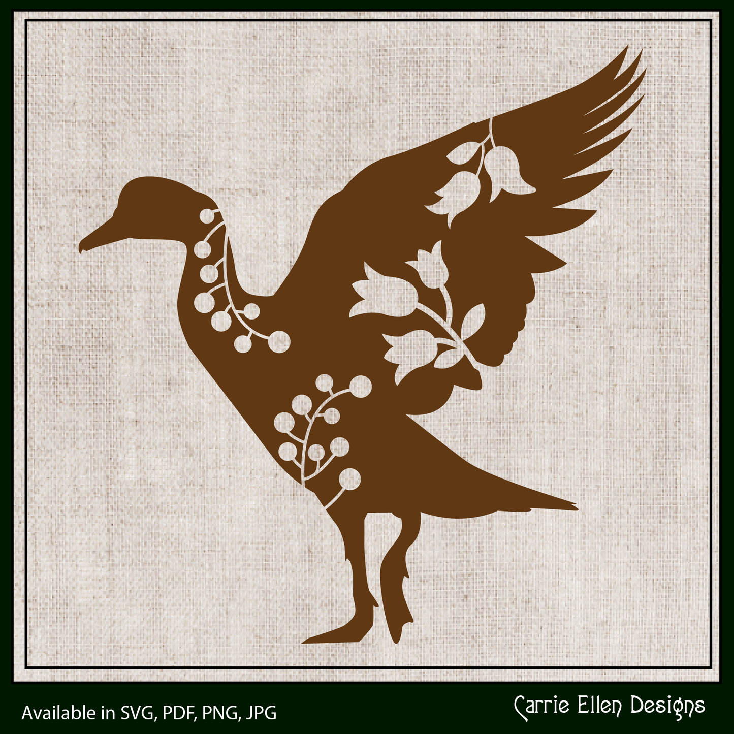 Flying Floral Goose Vector Clipart, Bird Silhouette with Flowers, Wildflower Farm Animal Silhouette, (1635)