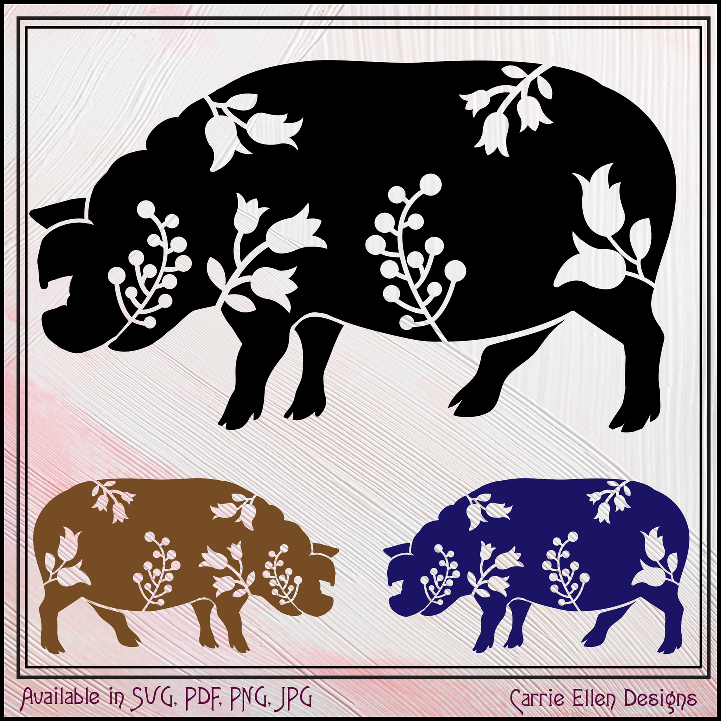 Floral Standing Pig Vector Clipart, Farm Animal Silhouette with Wildflowers (1636)