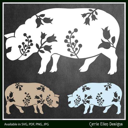 Floral Standing Pig Vector Clipart, Farm Animal Silhouette with Wildflowers (1636)