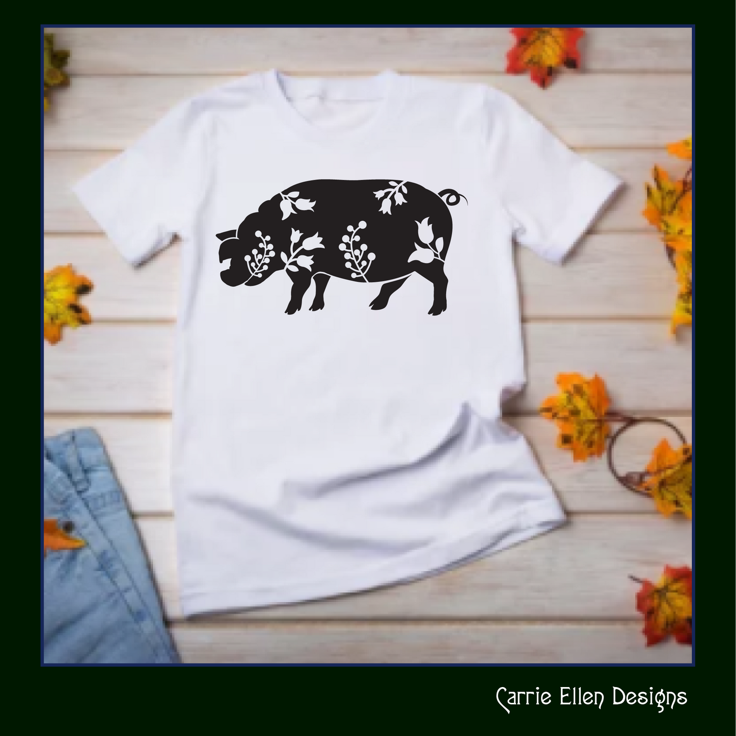 Floral Standing Pig Vector Clipart, Farm Animal Silhouette with Wildflowers (1636)