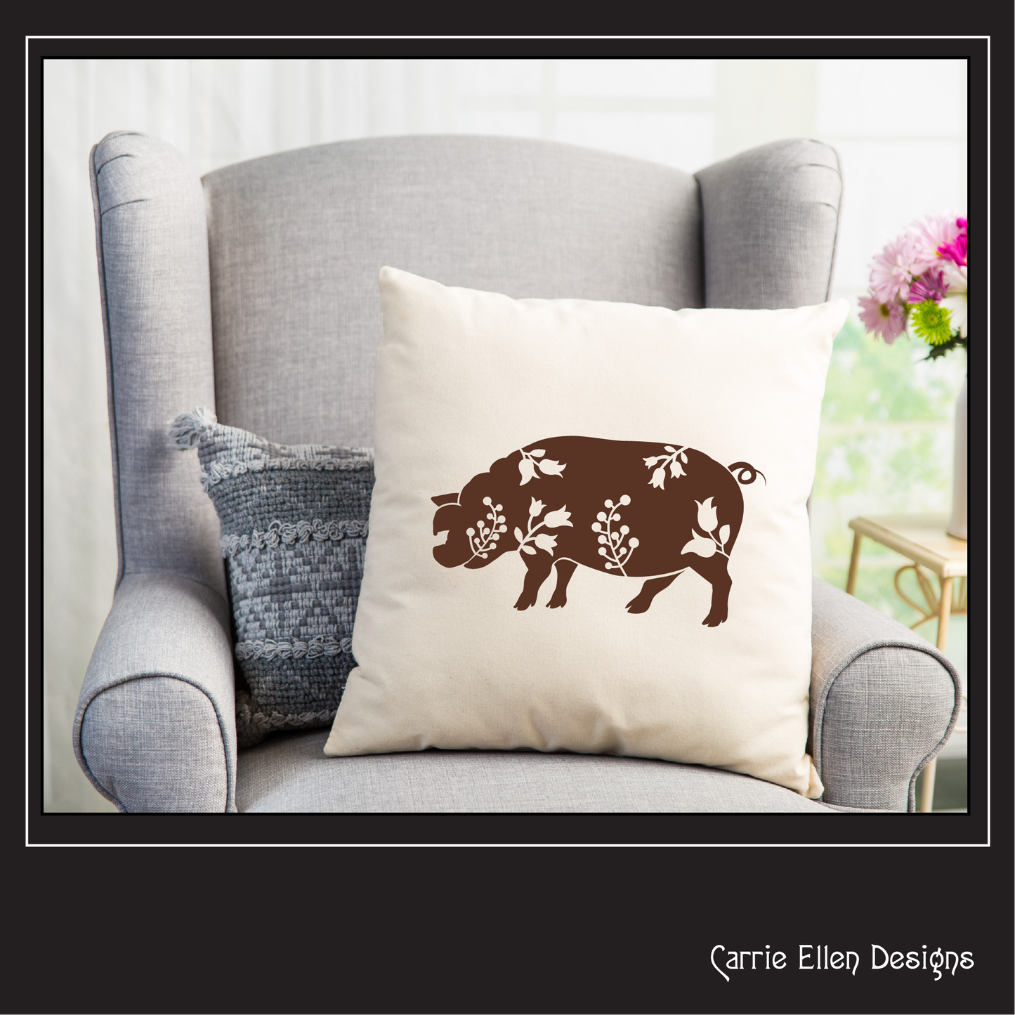 Floral Standing Pig Vector Clipart, Farm Animal Silhouette with Wildflowers (1636)
