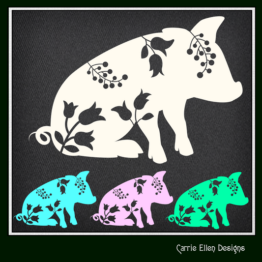 Floral Pig Sitting SVG Vector Clipart – Farm Animal Silhouette with Wildflowers (1639)