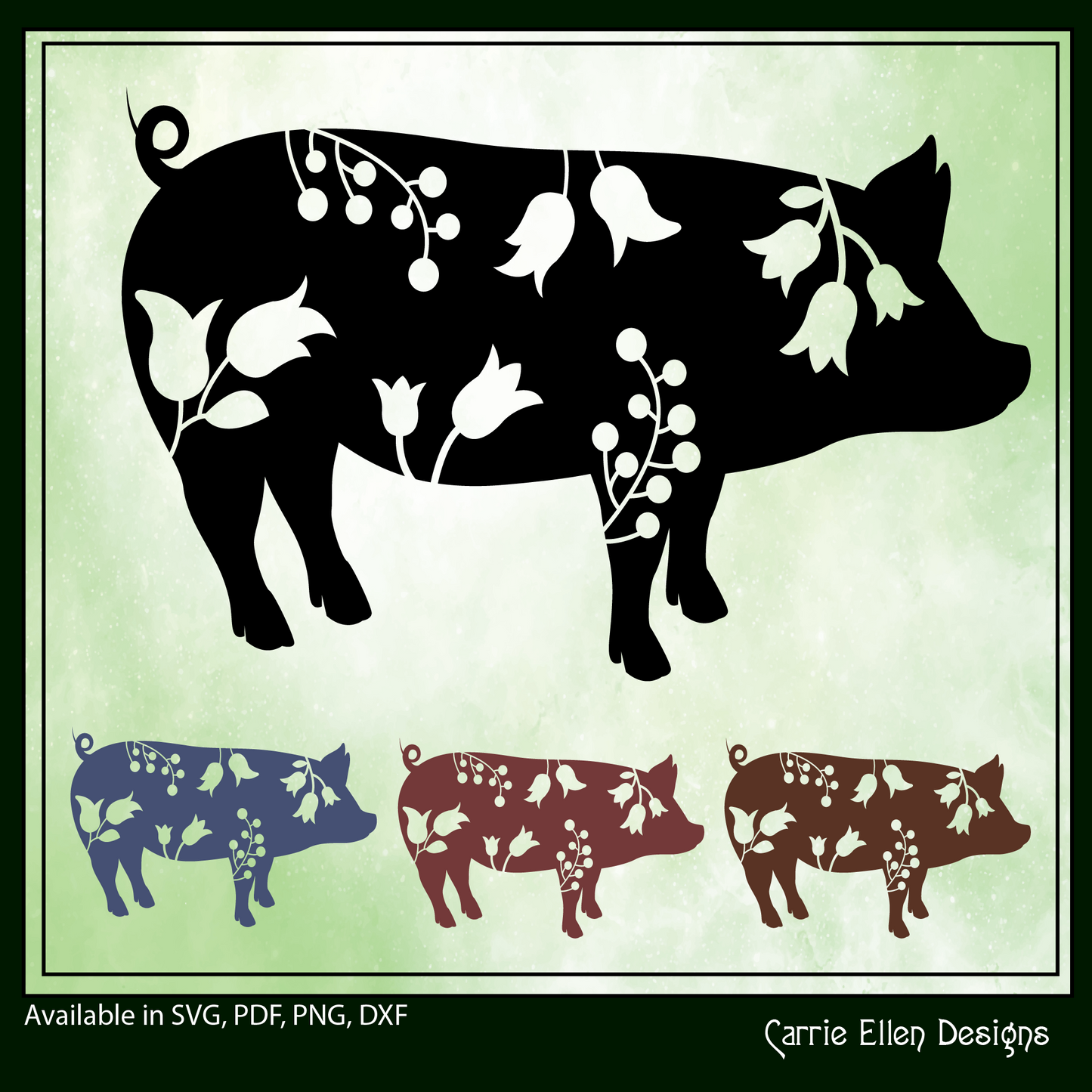Floral Pig Standing Vector Clipart, Farm Animal Silhouette with Wildflowers (1648)