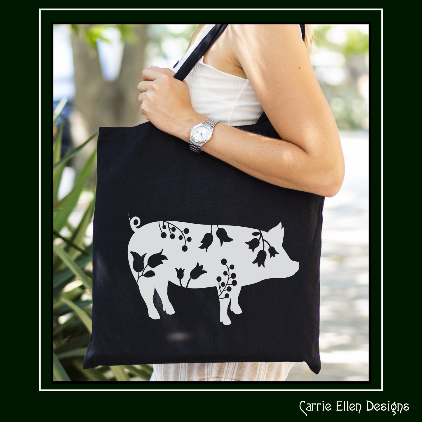 Floral Pig Standing Vector Clipart, Farm Animal Silhouette with Wildflowers (1648)