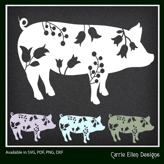Floral Pig Standing Vector Clipart, Farm Animal Silhouette with Wildflowers (1648)