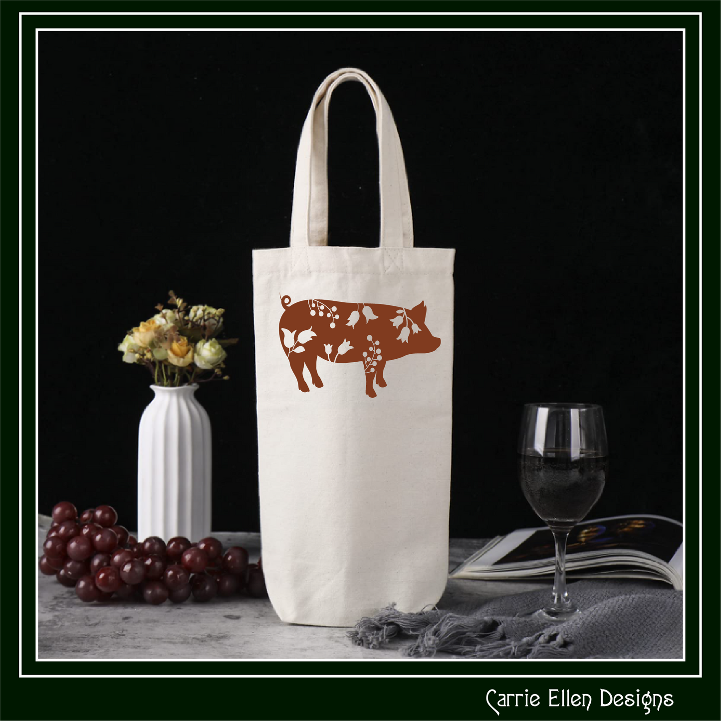 Floral Pig Standing Vector Clipart, Farm Animal Silhouette with Wildflowers (1648)