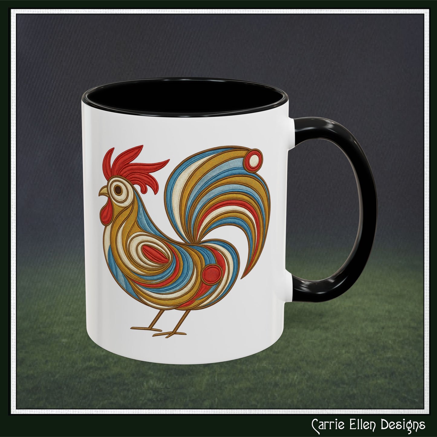 Colorful Rooster Accent Coffee Mug – Abstract Farmhouse Animal Embroidery Styled Print | 11oz & 15oz Ceramic (P-6081)