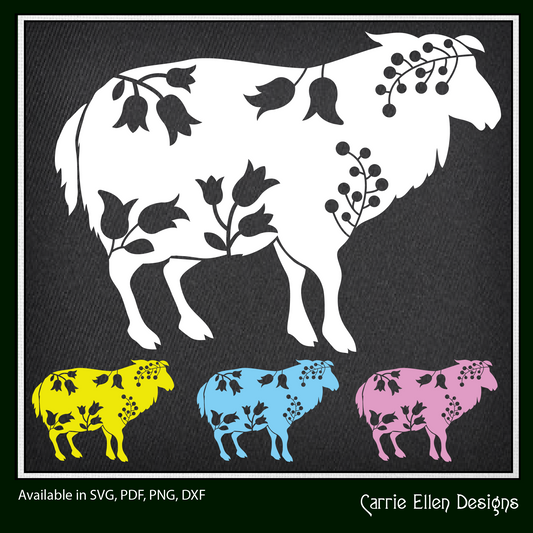 Floral Sheep Vector Clipart, Farm Animal Silhouette with Wildflowers (1677)