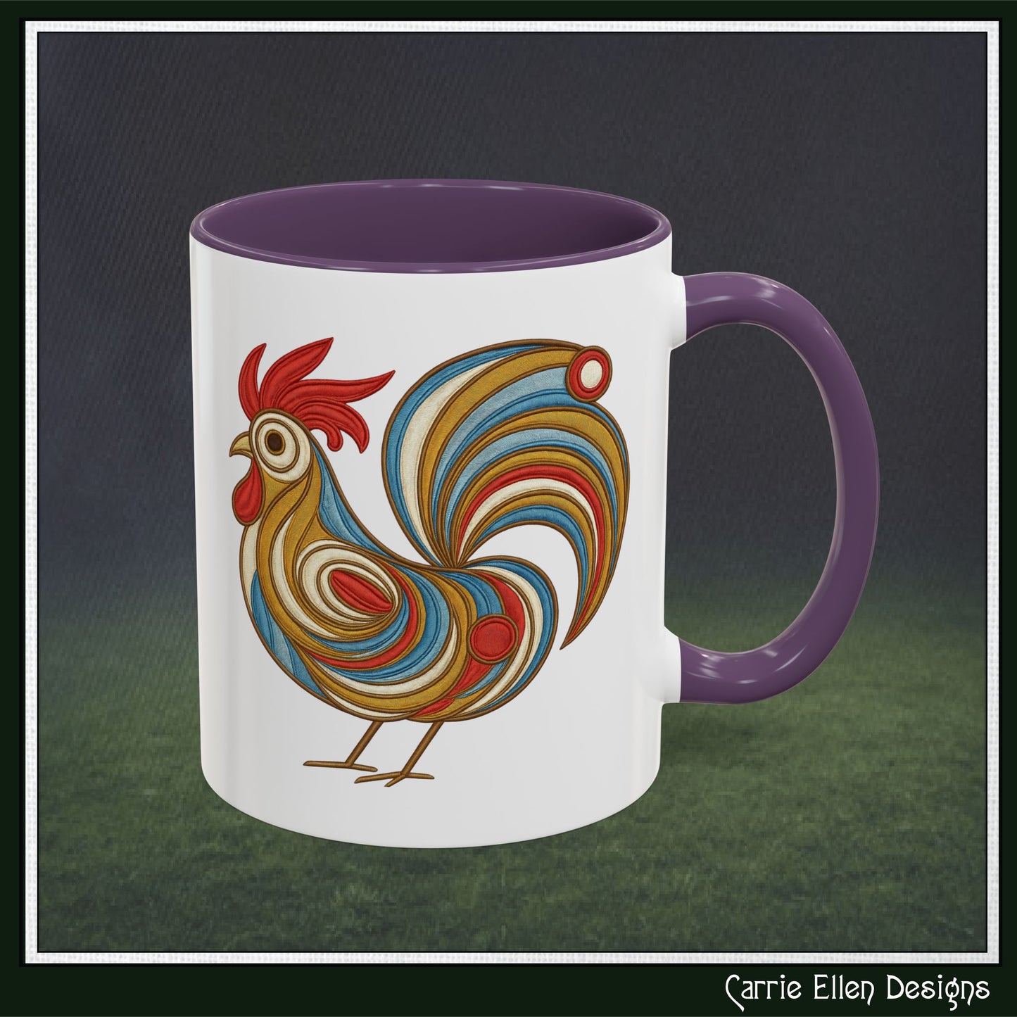 Colorful Rooster Accent Coffee Mug – Abstract Farmhouse Animal Embroidery Styled Print | 11oz & 15oz Ceramic (P-6081)